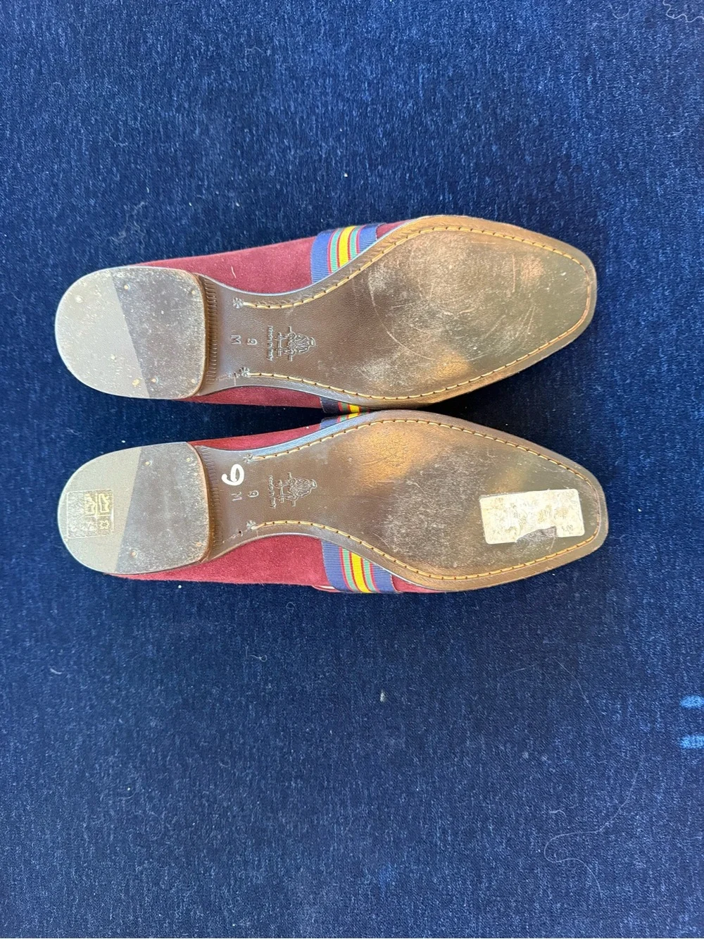 Paul Stuart Burgundy Suede Loafers with Multicolor Stripe